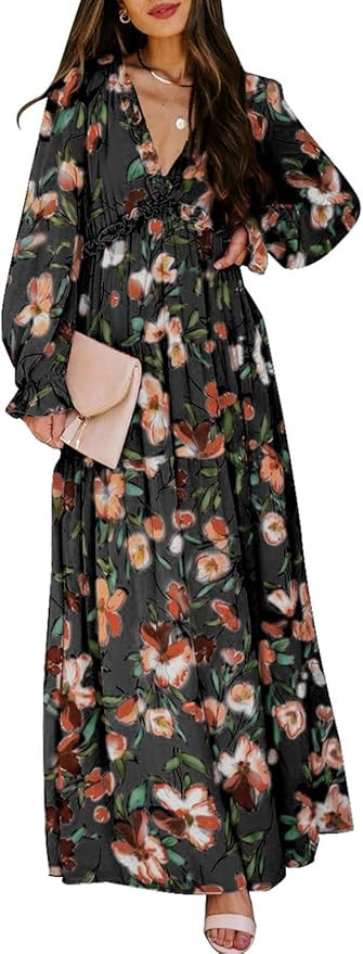 BLENCOT Womens Casual Floral Deep V Neck Long Sleeve Long Evening Dress Cocktail Party Maxi Weddi... | Amazon (US)