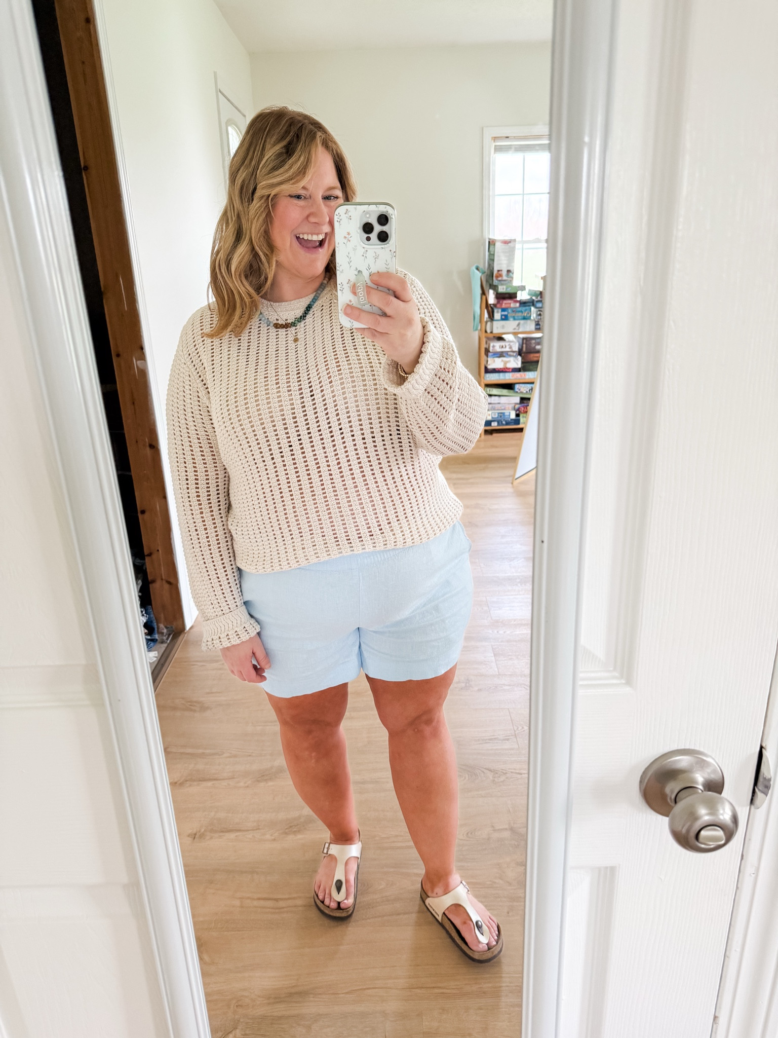 Earring an XL in my linen shorts and an XXL in my crochet sweater.  

#LTKMidsize #LTKSeasonal #LTKBump