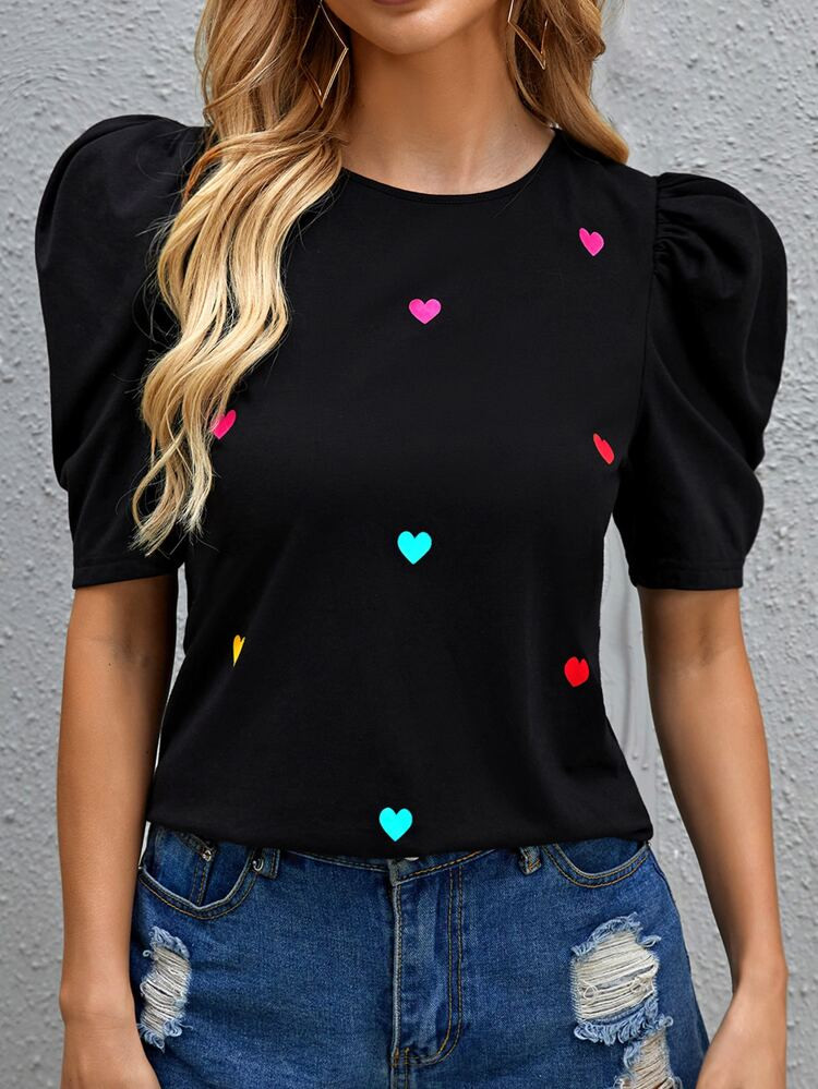 SHEIN Puff Sleeve Heart Top | SHEIN