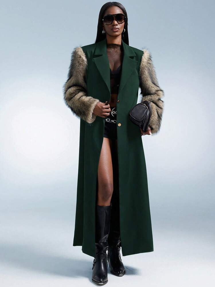 Aveloria Affinna Autumn/Winter British Style Double-Layer Elastic Patchwork Faux Fur Long Loose J... | SHEIN