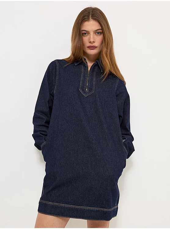 Dark Denim Zip Up Long Sleeve Mini Dress | George