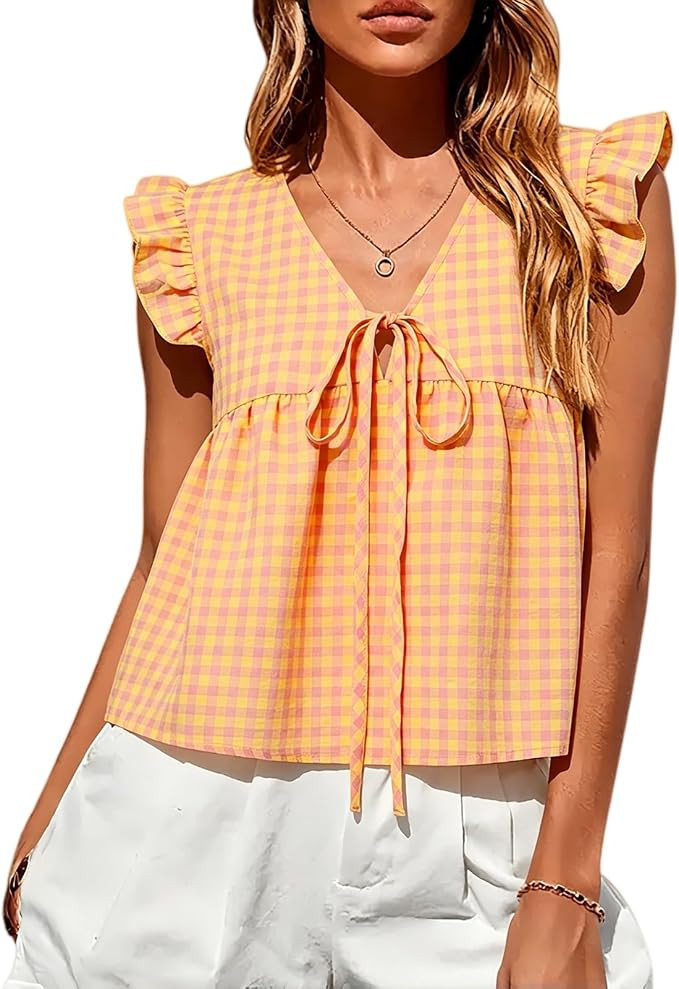 Women's Peplum Tops Summer Gingham Shirt V Neck Ruffle Cap Sleeve Tie Front Top Plaid Babydoll Ta... | Amazon (US)