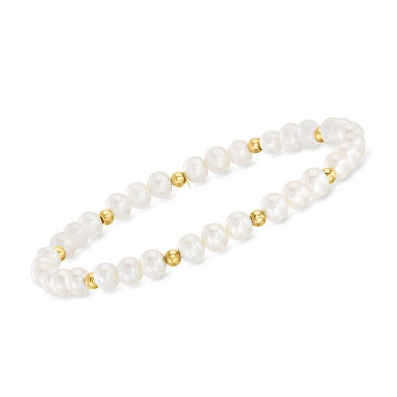 4-5mm Cultured Pearl and 14kt Yellow Gold Bead Stretch Bracelet | Ross-Simons