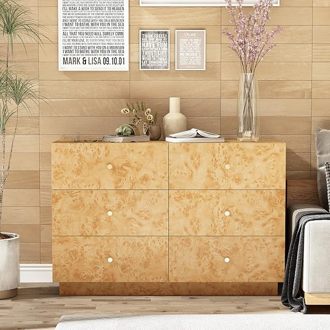 Modern 6 Drawer Dresser with Burl Finish, Wide Wood Chest of Drawers Clothes Organizer, Stylish L... | Amazon (US)