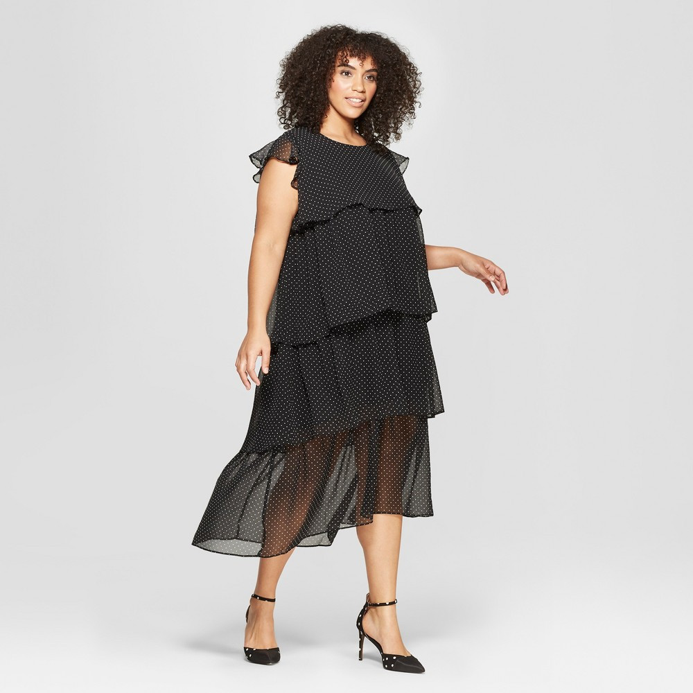 Women's Plus Size Polka Dot Short Sleeve Tiered Midi Dress - Who What Wear Black/White 3X, Size: Small | Target