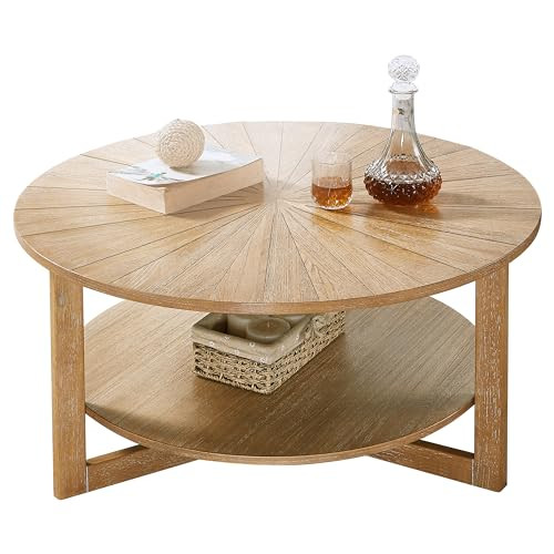 DS-HOMEPORT Wood Round Coffee Table for Living Room, 2 Tier Circle Rustic Coffee Table with Stora... | Amazon (US)
