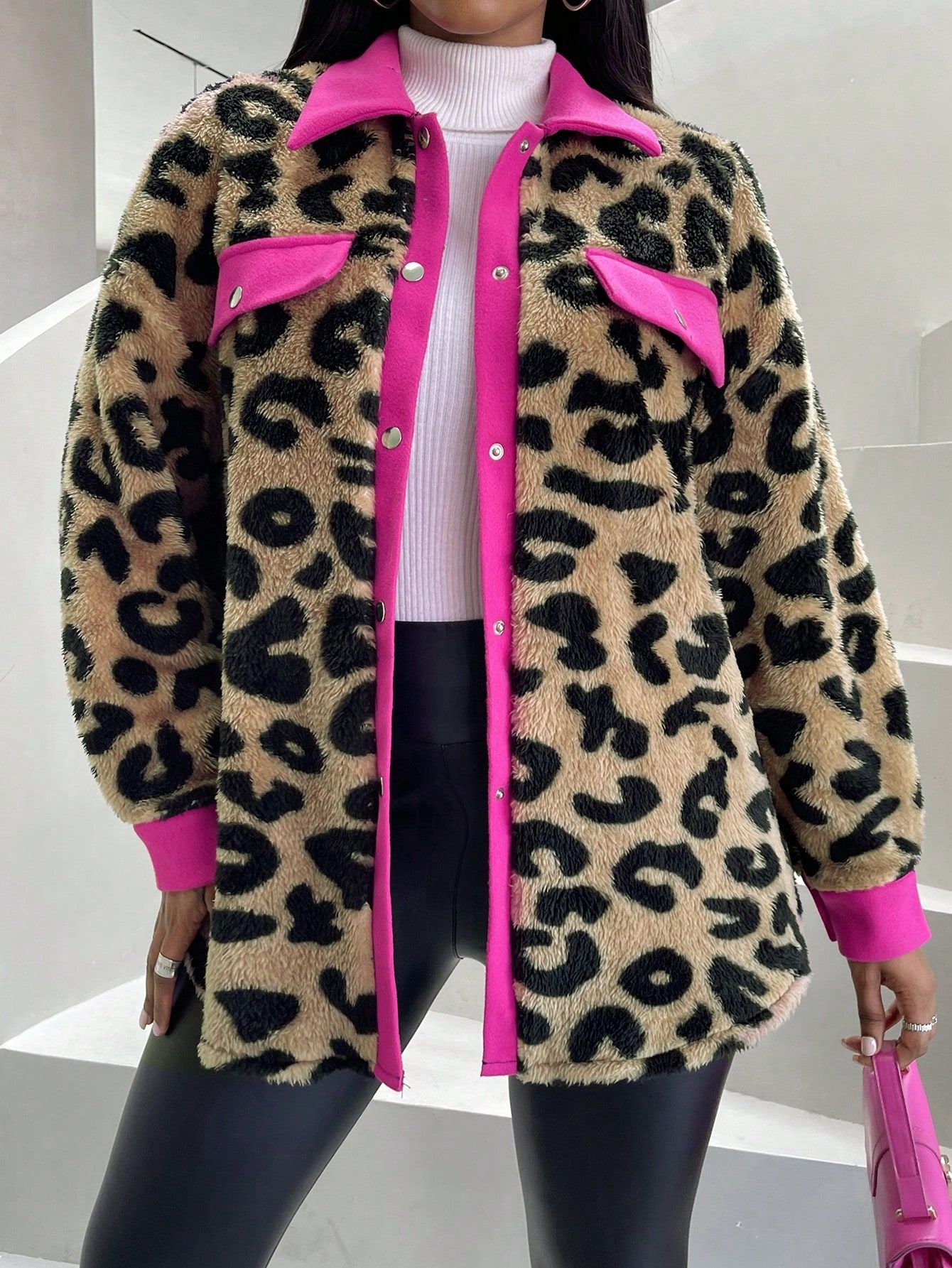 SHEIN Unity Leopard Print Drop Shoulder Teddy Coat | SHEIN