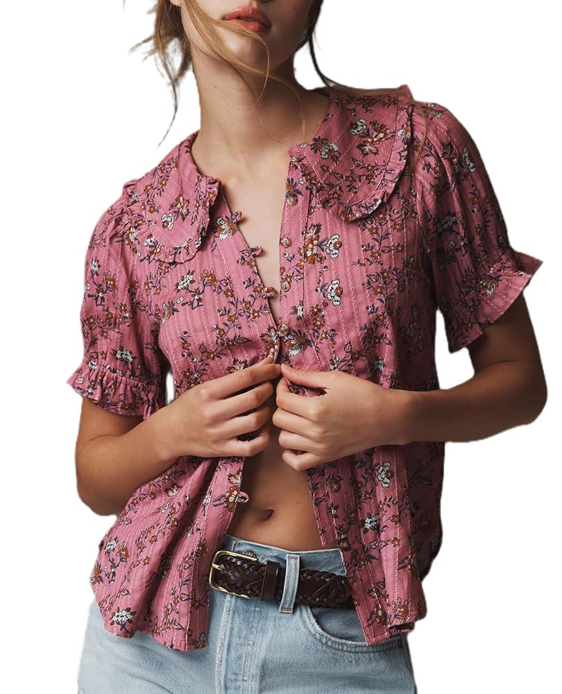 Women Y2k Puff Sleeve Peter Pan Collar Shirt Tops Button Down Boho Floral Print Ruffle Blouse Sum... | Amazon (US)