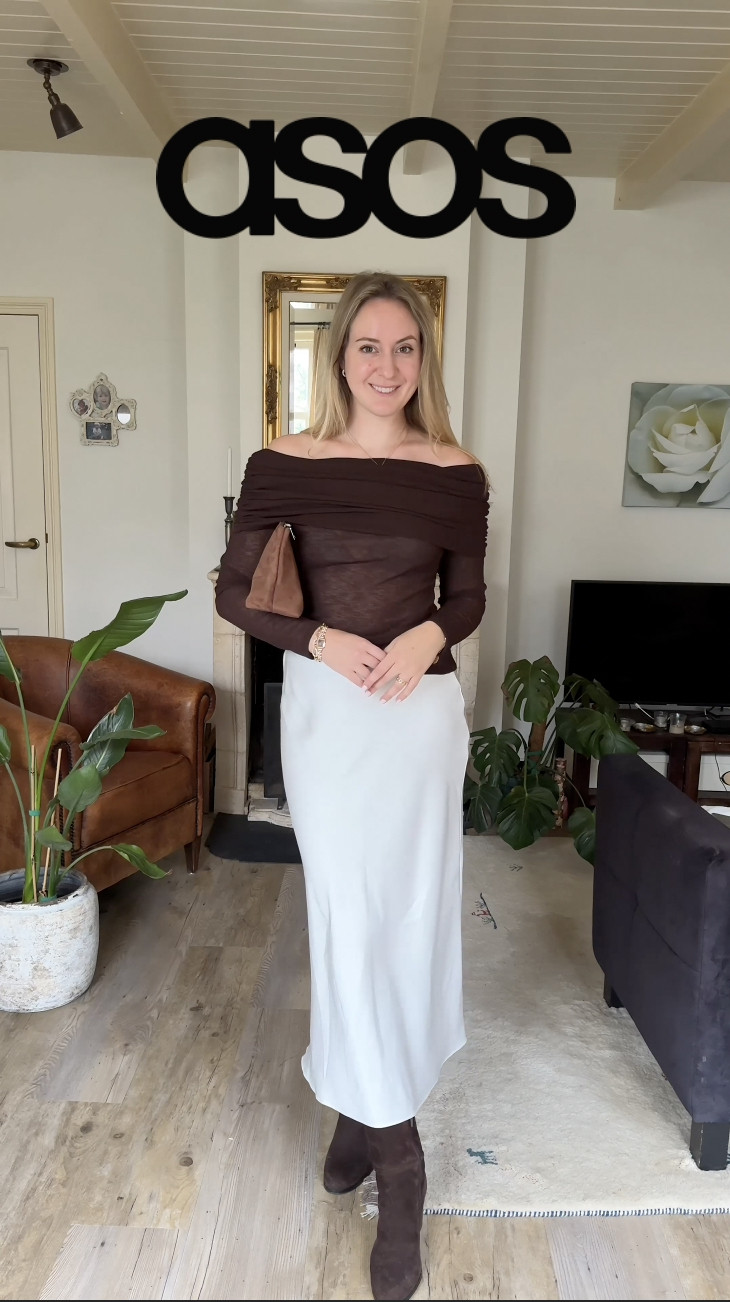 asos new in trending spring outfit in silk satin skirt, brown off shoulder top  

 #LTKspringtrends #LTKspring #LTKeurope