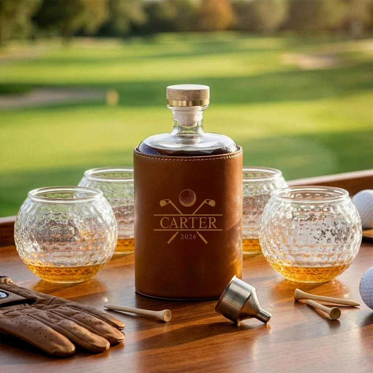 Crawford Leather Whiskey Decanter - Golf Ball Glasses | HomeWetBar.com