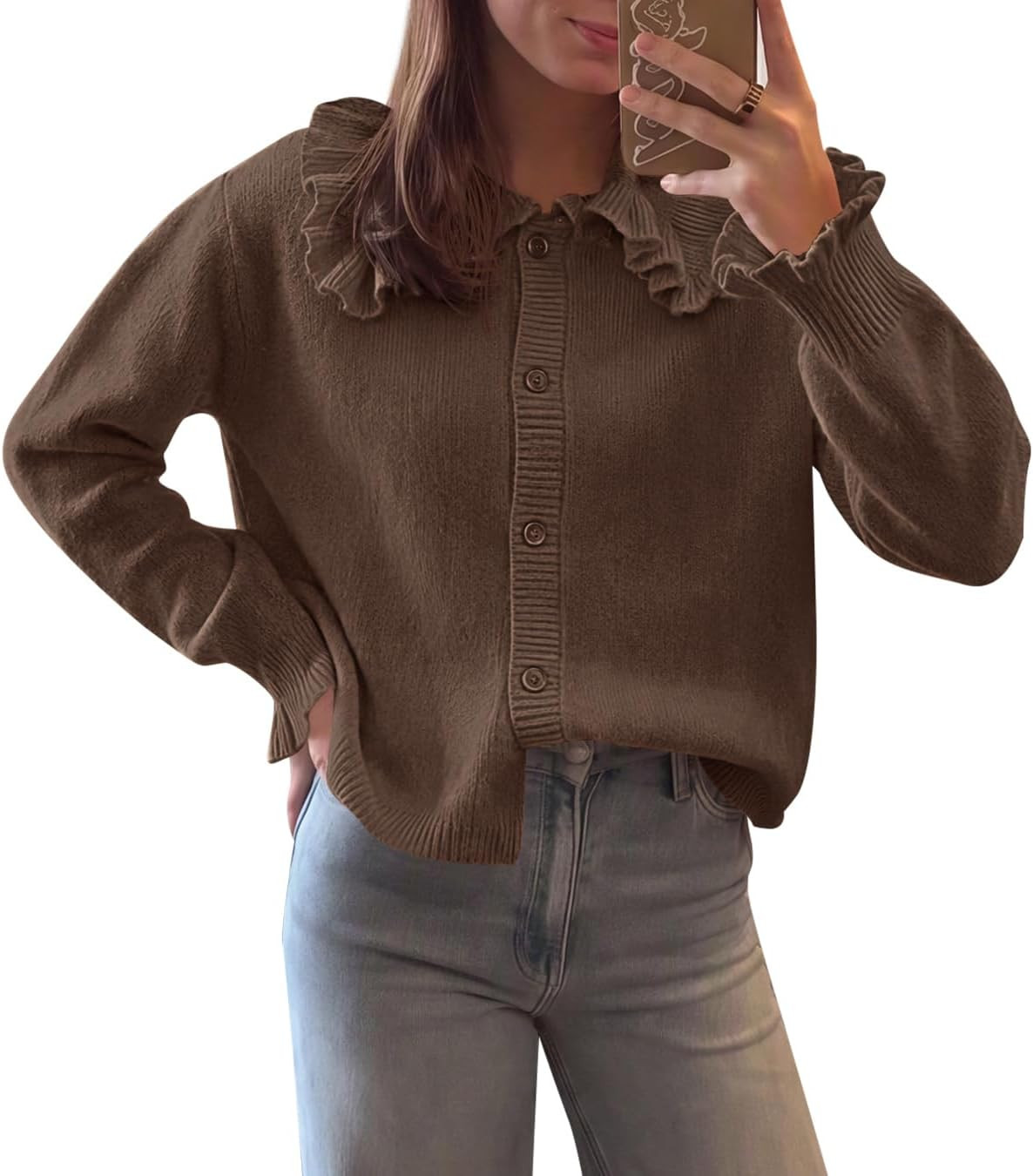 Saodimallsu Womens Ruffle Button Down Sweater Cardigan | Amazon (US)