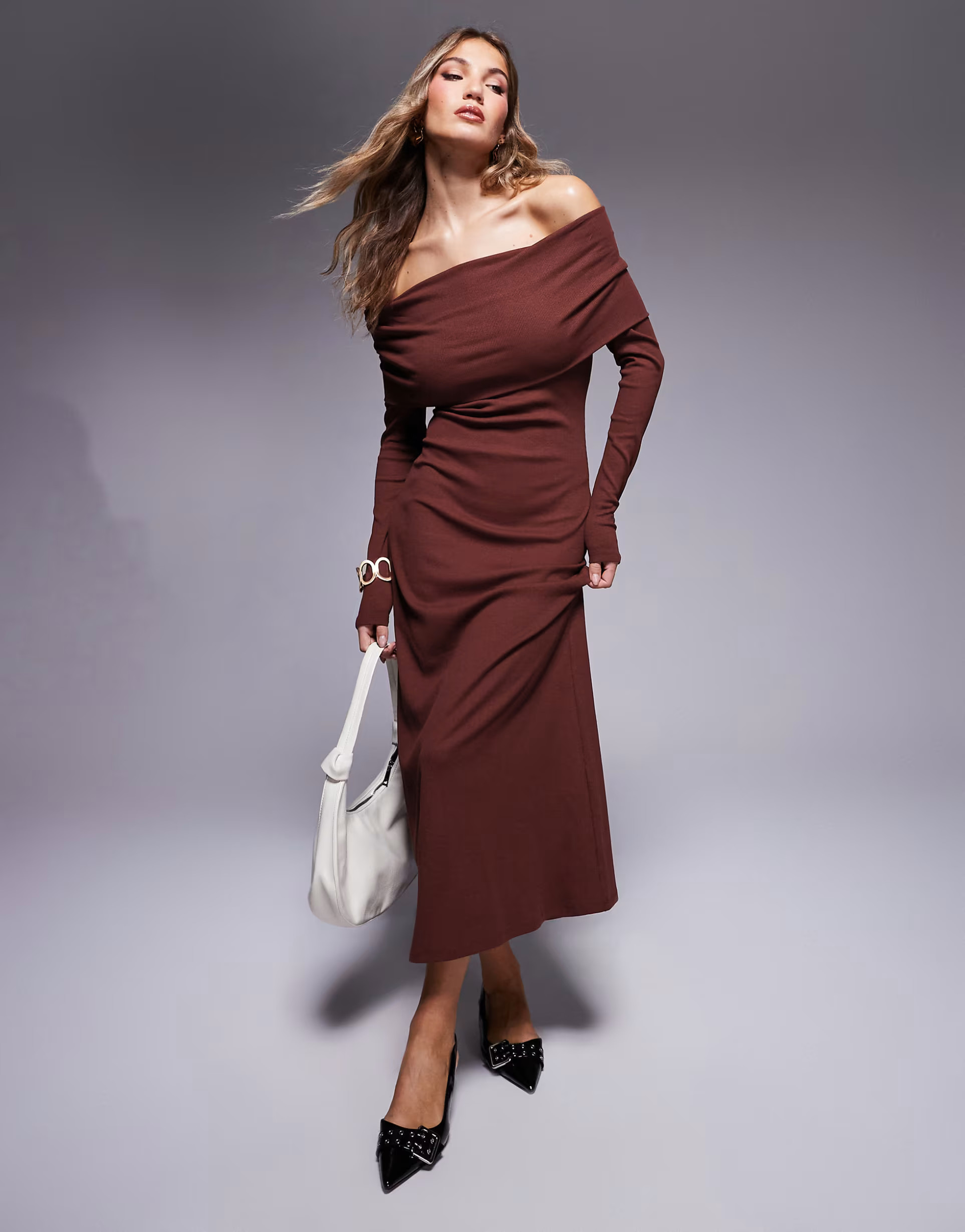 ASOS DESIGN ribbed long sleeve bardot midi dress in burgundy | ASOS (Global)