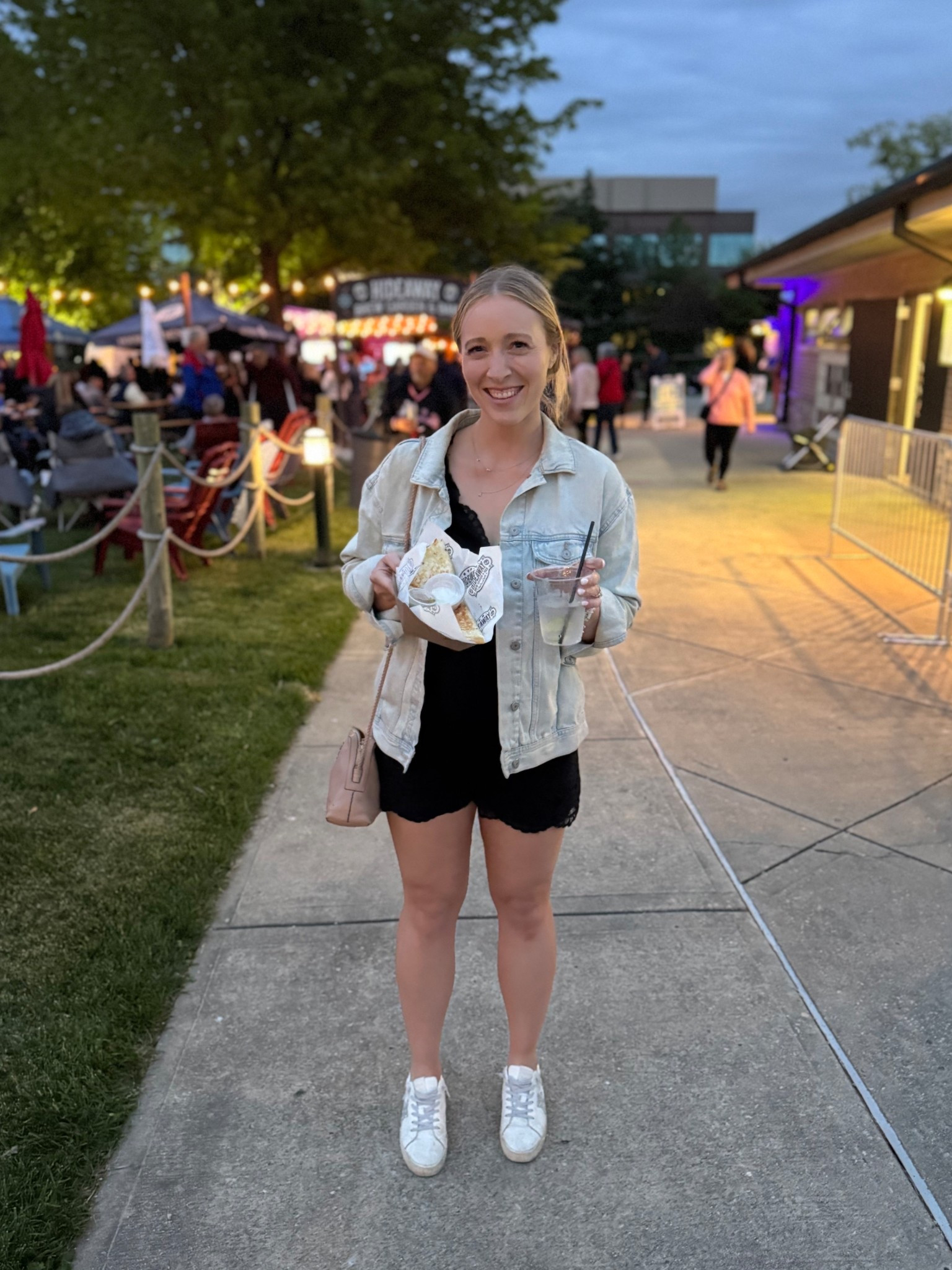 Black romper + denim jacket! Mine are old so I linked similar items!