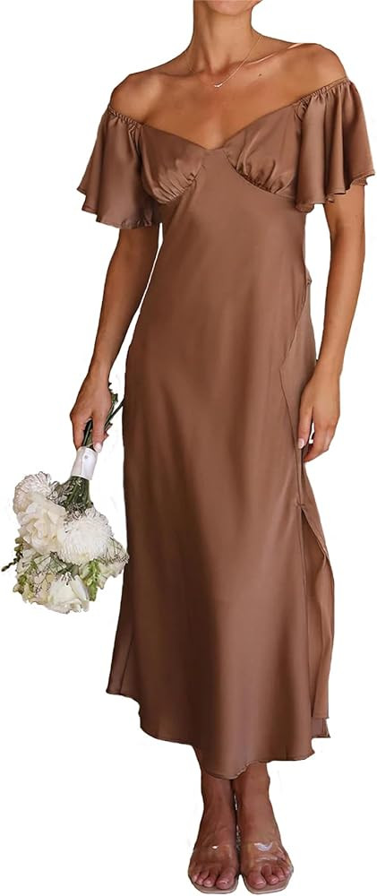2026 Summer Women's Satin Off Shoulder Formal Dress Wedding Guest Elegant Butterfly Sleeve Split ... | Amazon (US)