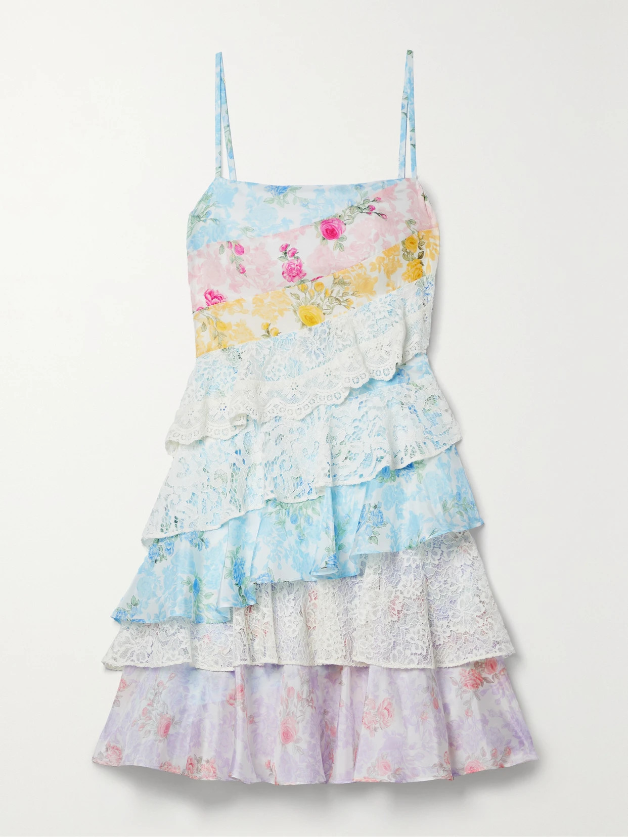 LoveShackFancy - Imata Patchwork Tiered Lace And Floral-print Silk Crepe De Chine Mini Dress - Yello | NET-A-PORTER (UK & EU)