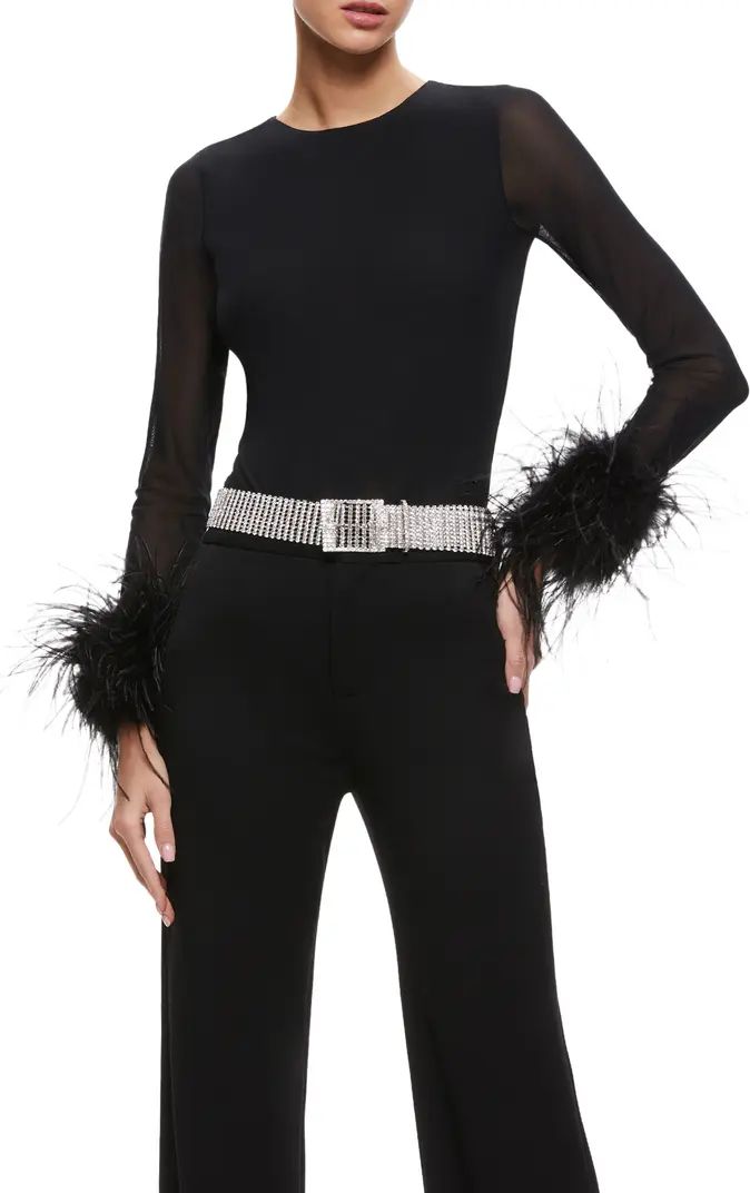Alice + Olivia Delaina Feather Cuff Mixed Media Top | Nordstrom | Nordstrom