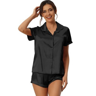 INSPIRE CHIC Women's 2 Pcs Satin Silky Lounge Set Button Down Short Sleeve Shirt and Shorts Summer Pajama Sets X-Small Black | Target