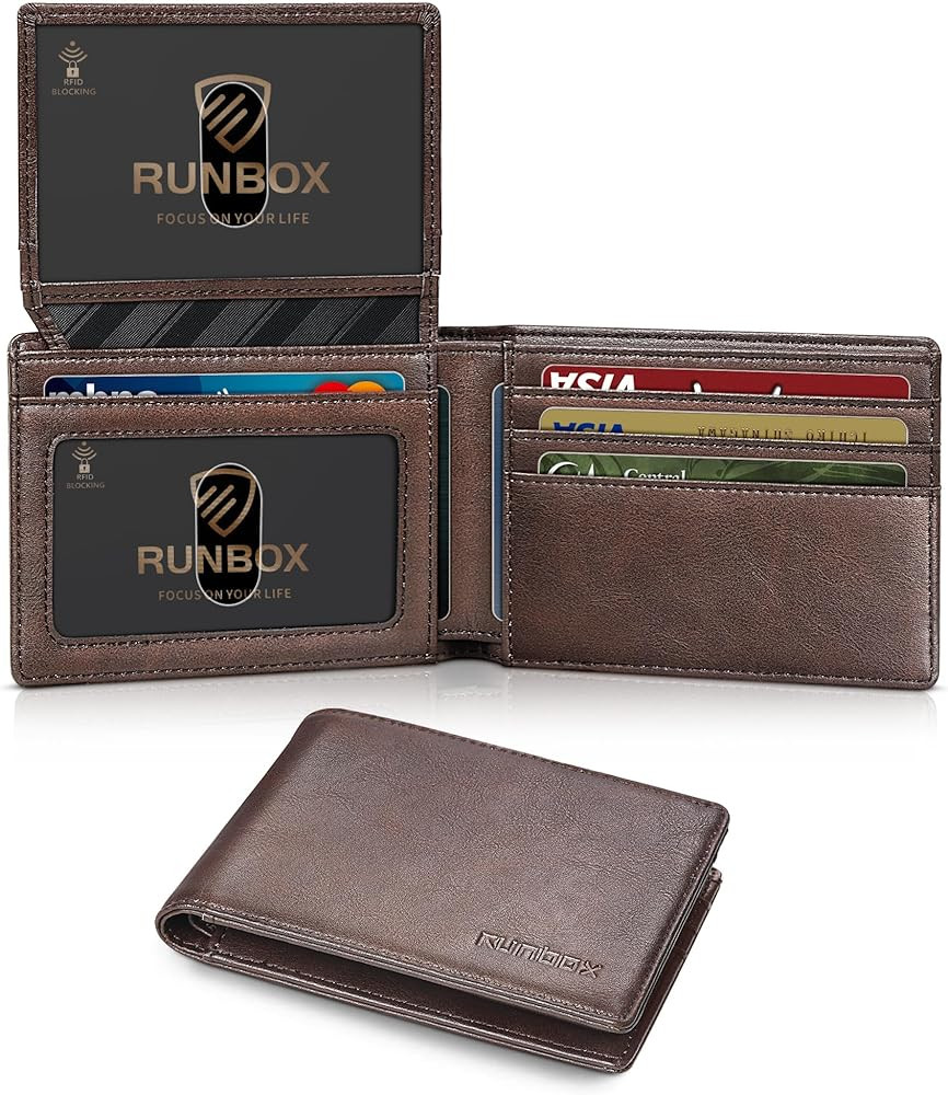 RUNBOX Wallet for Men Slim Rfid Leather 2 ID Window With Gift Box | Amazon (US)