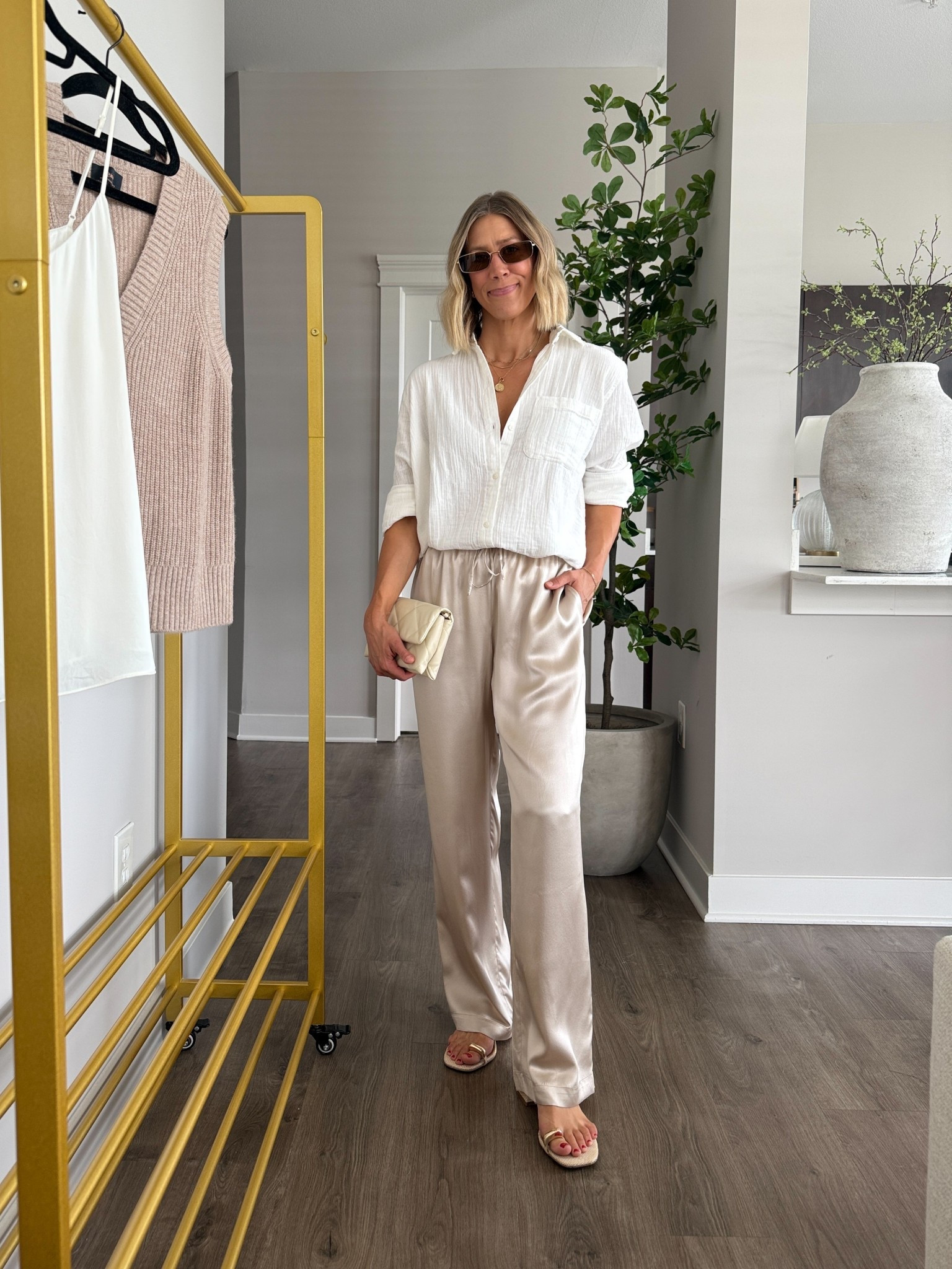 Wearing medium gauze button-up shirt (sized up for oversized fit but fits tts), small silk pants 

@onequince #quincepartner

#LTKFindsUnder100 #LTKStyleTip #LTKOver40