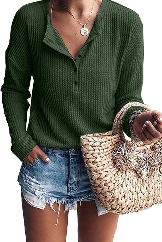 Glanzition Womens Tops Casual V Neck Button Up Loose Waffle Knit Tunic Henley Shirts | Amazon (US)