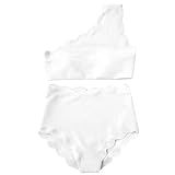 ZAFUL High Waisted Bikini Scalloped Flounced One Shoulder Swimsuit Solid Wavy Edge Swimwear White S | Amazon (US)