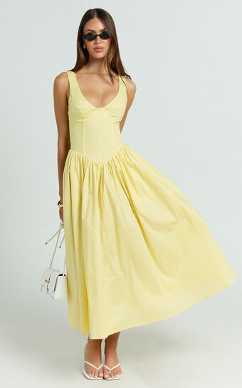 Beckett Midi Dress - Scoop Neck Drop V Waist Gathered Skirt Dress in Butter Yellow | Showpo (US, UK & Europe)