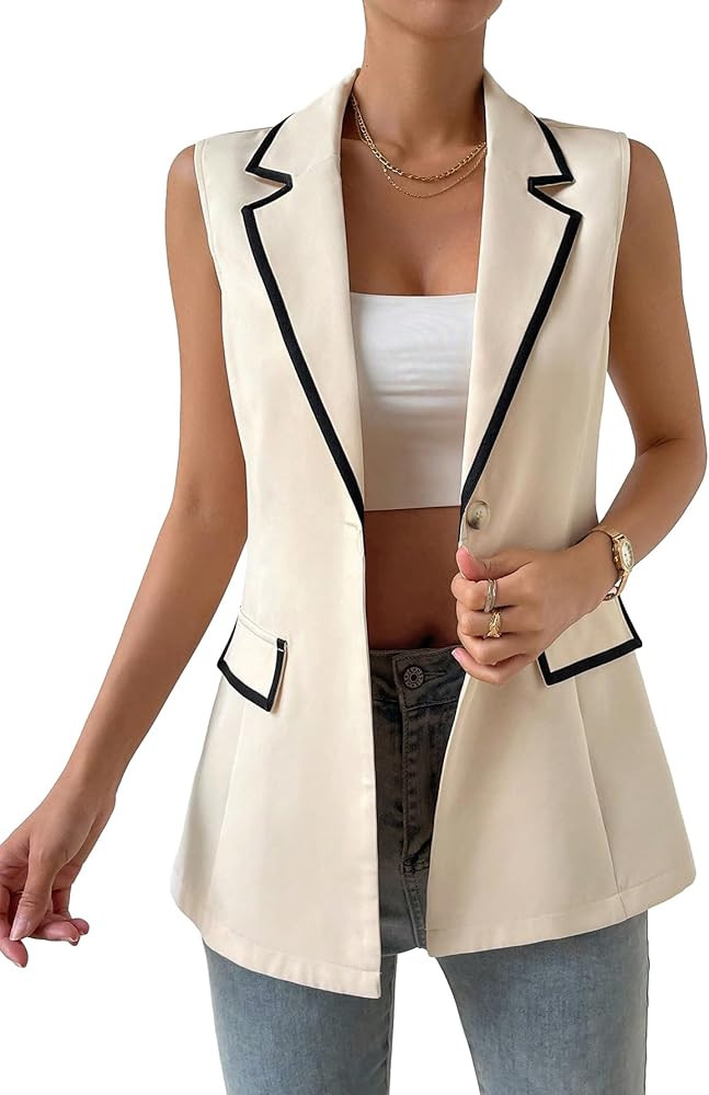 WDIRARA Women's Colorblock V Neck Sleeveless Button Front Blazer Vest Jacket Casual Waistcoat | Amazon (US)