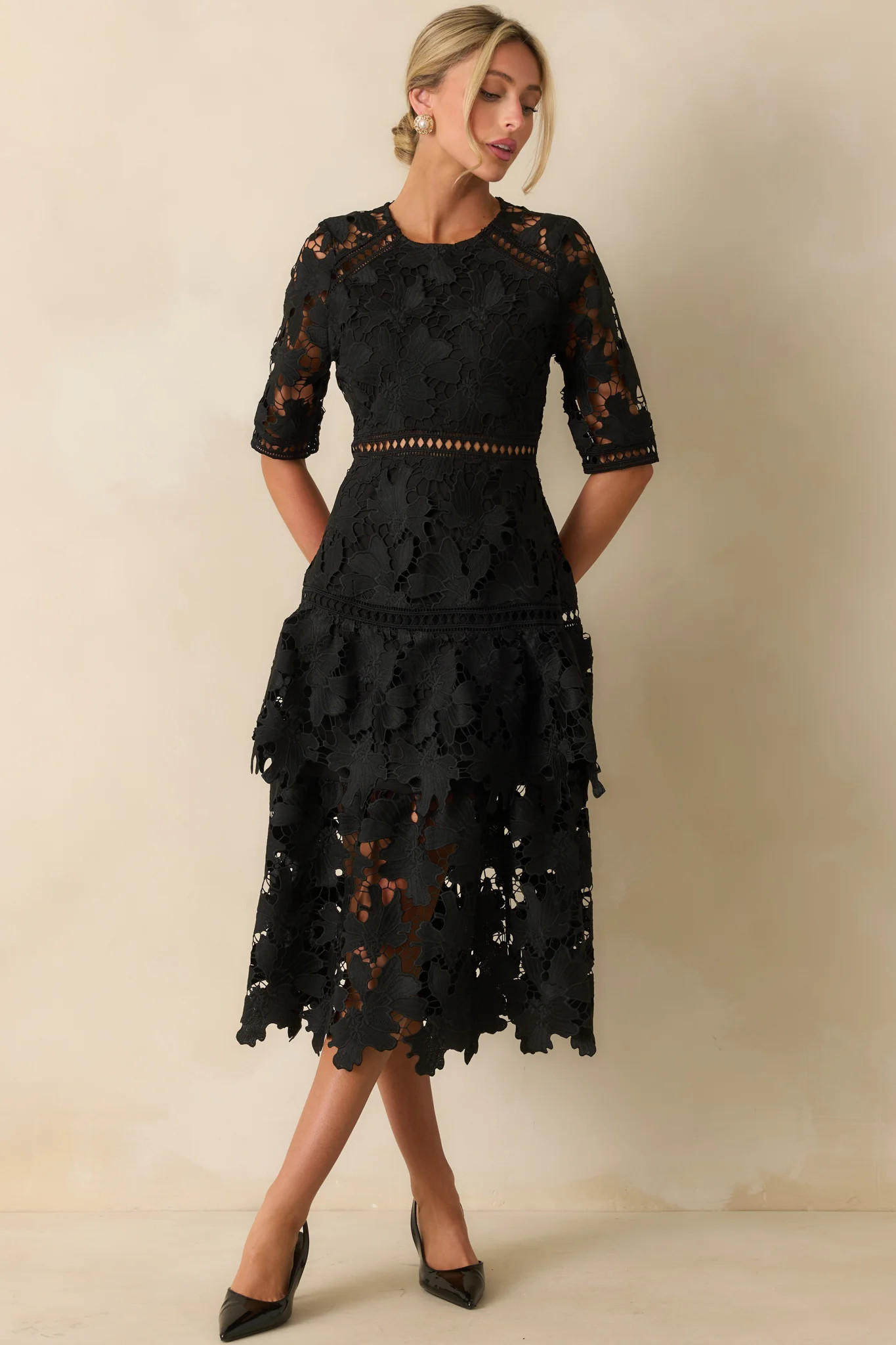There's Nothing To It Black Lace Tiered Midi Dress | Red Dress