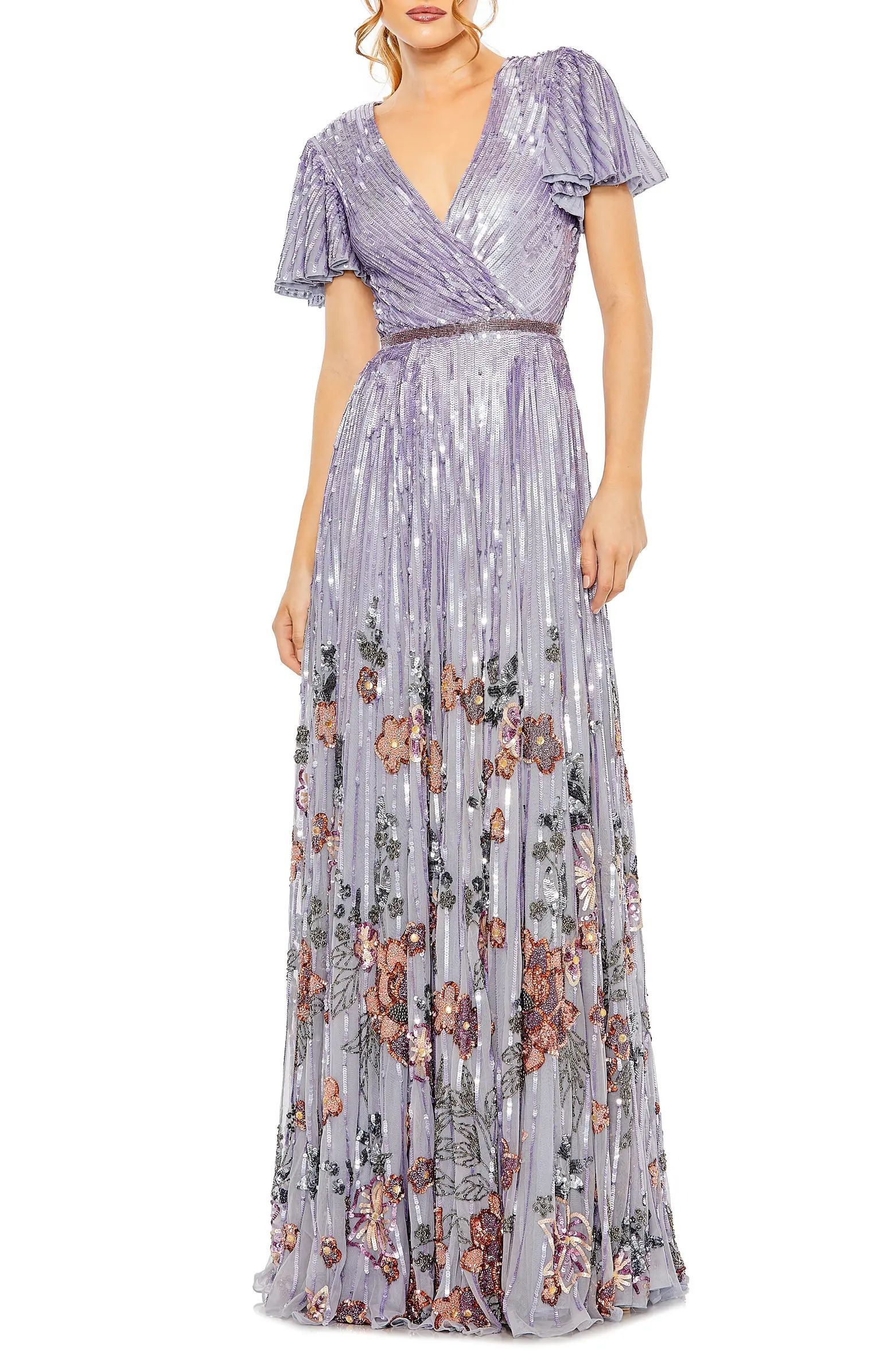 Sequin Floral Flutter Sleeve Gown | Nordstrom