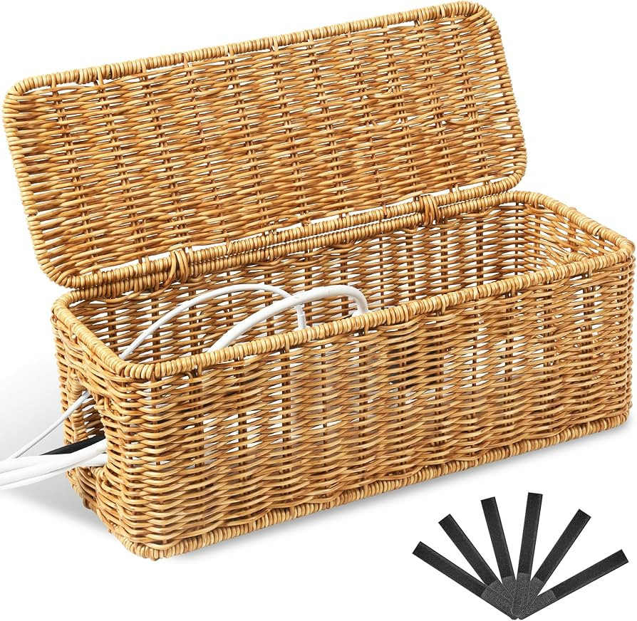 Handmade Cable Management Box,Orapoke Rattan Cable Organizer,2 Open Slots Cords Hider Box, Under ... | Amazon (US)