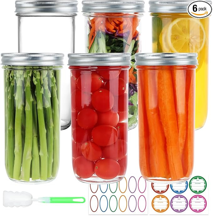 Wide Mouth Mason Jars 24 oz, 6 Pack Glass Canning Jars with Airtight Lids, Large Storage Jars wit... | Amazon (US)