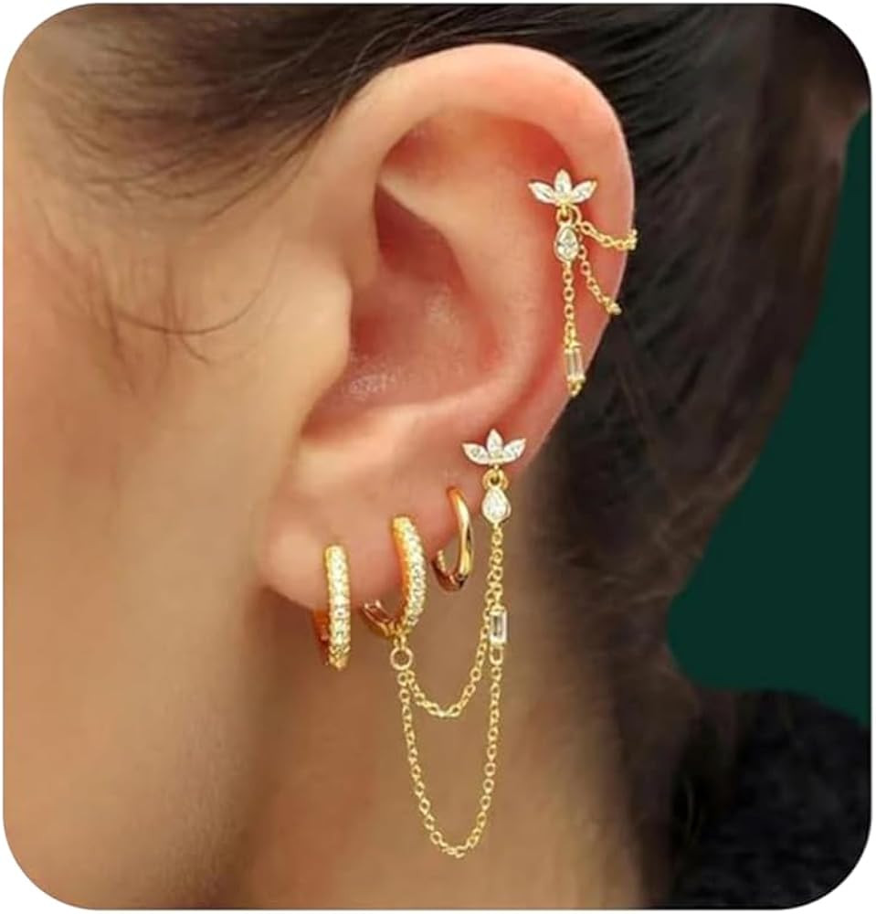 6PCS Earring Stacks Cartilage Chain Helix Piercing Sets For Women Flat Back Multiple Piercing Dan... | Amazon (US)