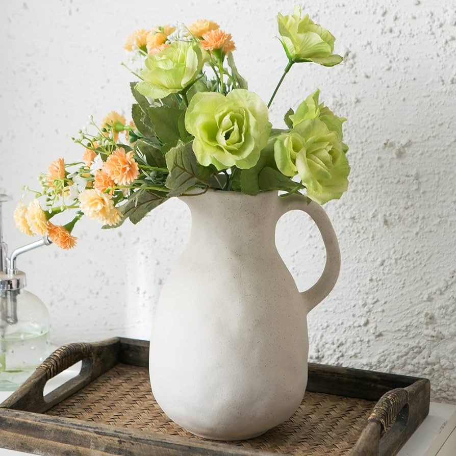 Kimdio Ceramic Vase with Handle, Modern Farmhouse Pitcher Vase for Home Decor, Rustic Pottery Vas... | Amazon (US)