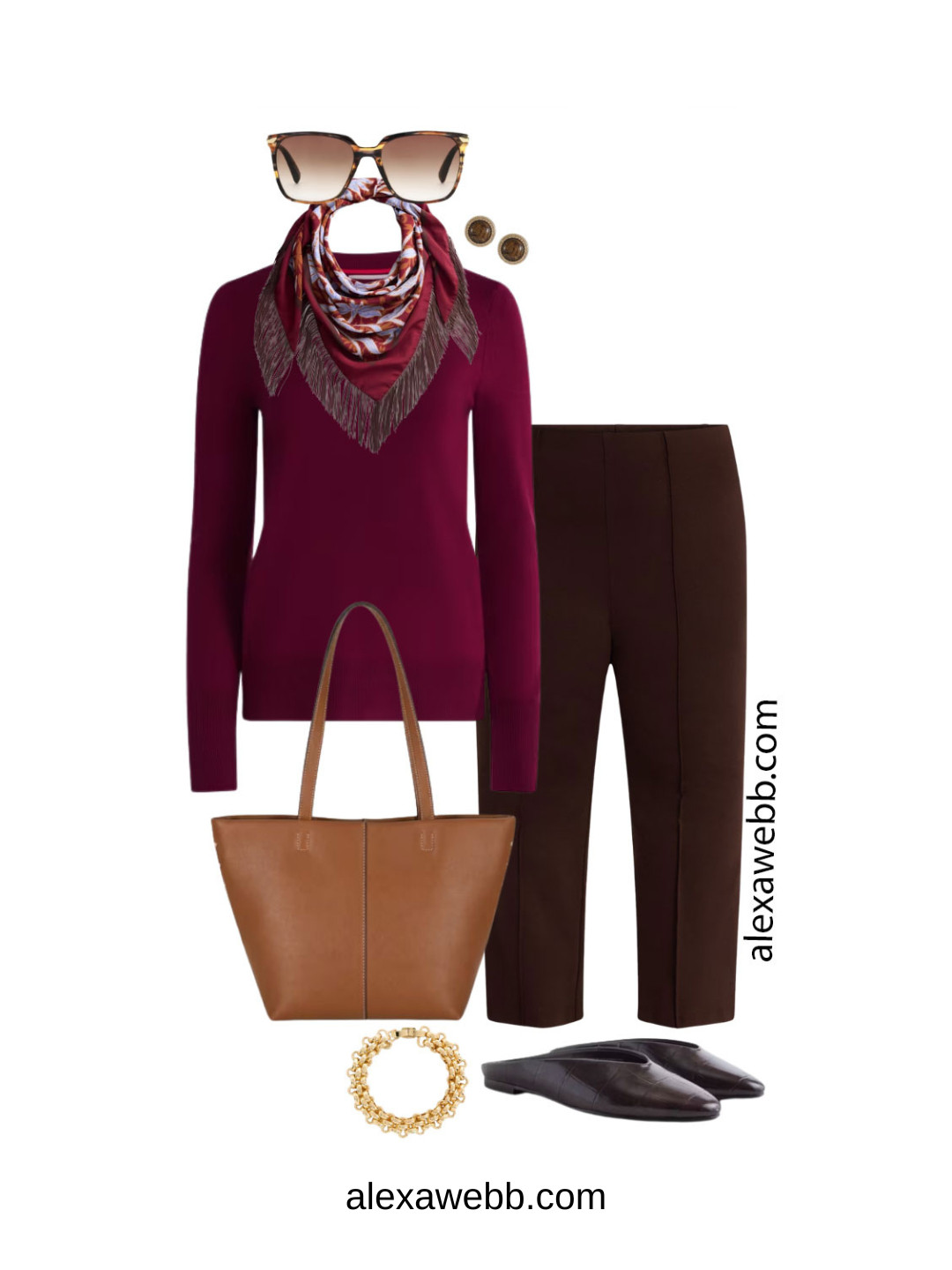 Plus Size Walmart Work Outfit Idea for Fall.  A plus size business casual outfit idea from Walmart with brown ponte knit cropped pants, a burgundy sweater, fringe scarf, brown mules, and a tan tote bag.  All on a budget.  All cute and profesh!  Alexa Webb #plussize 

 #LTKOver40 #LTKPlusSize #LTKWorkwear