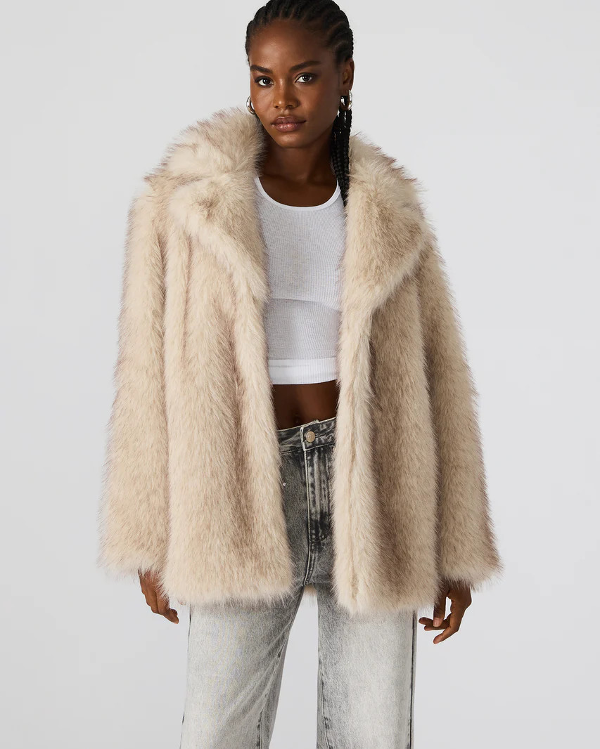 KINDRA Natural Faux Fur Collared Women's Coat | Steve Madden (US)