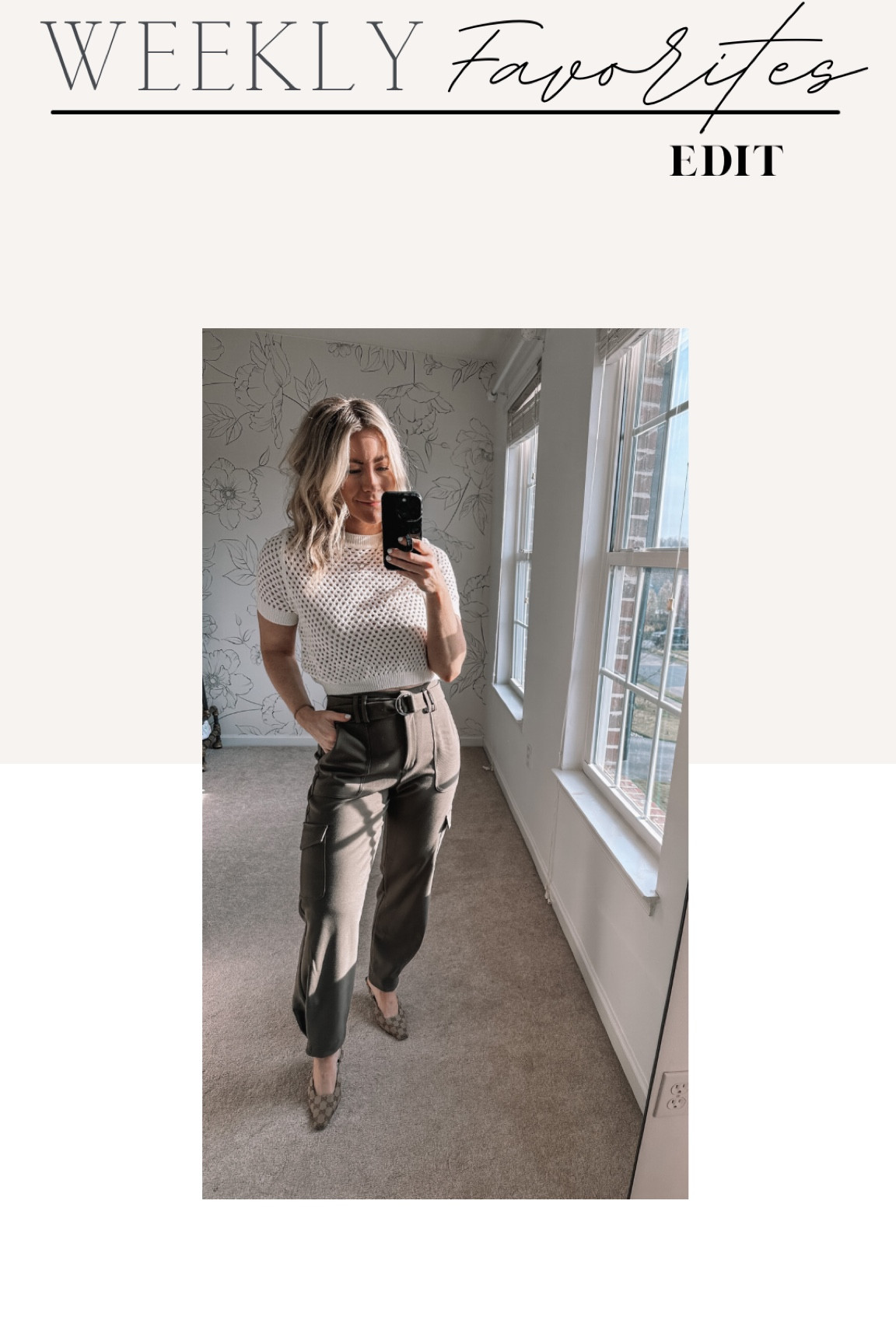 White circle knit top, black bodysuit, dark green belted cargo pants, Spring look, work wear, Weekly Favorites 

#LTKunder100 #LTKworkwear #LTKU