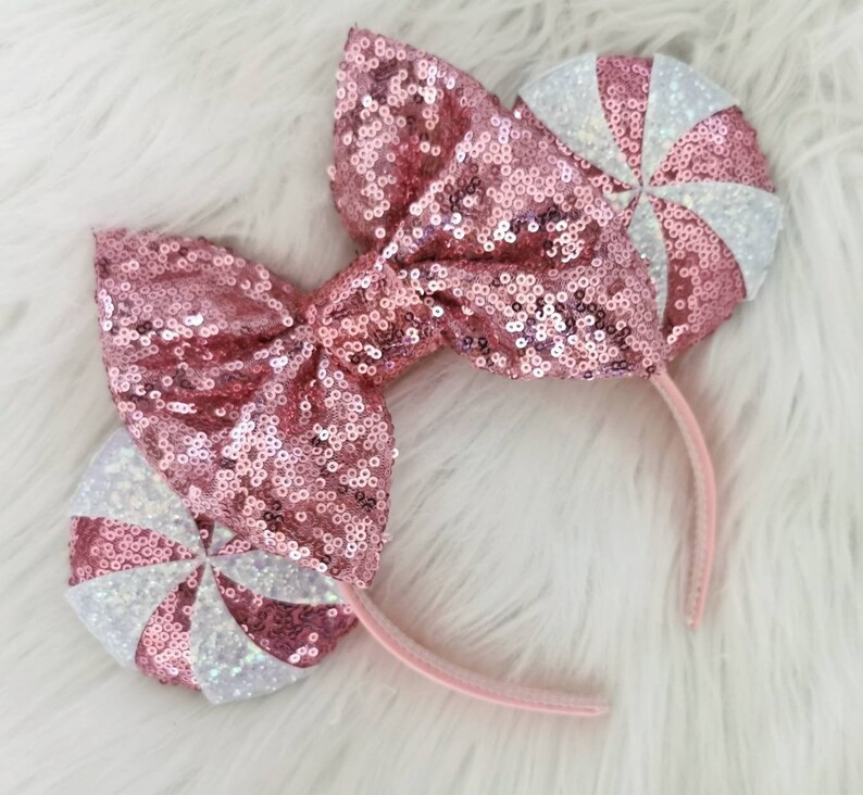 Sequin Candy Cane Minnie Mouse Ears With Large Sequin Bow - Etsy | Etsy (US)