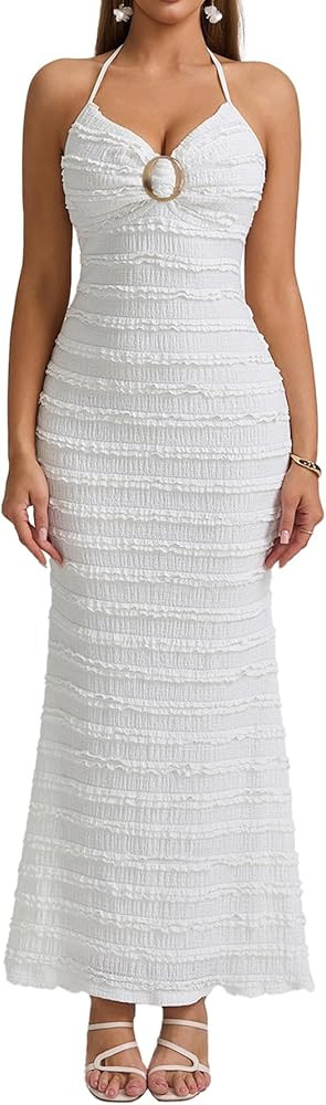 HTZMO Women Elegant Summer Casual Bodycon Maxi Dress Sexy V Neck Halter Ruffle Wedding Guest Form... | Amazon (US)