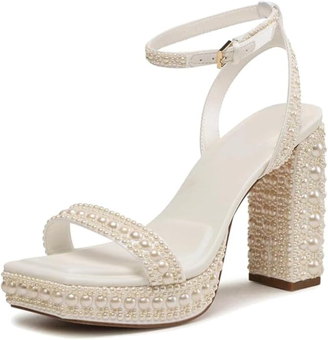 Goolita Womens Open Toe Pearl Platform Heels For Women Chunky Buckle Ankle Strap Wedding Heeled S... | Amazon (US)