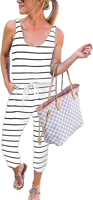 SAMAUD Women's Summer Tank Jumpsuit Casual Loose Sleeveless Beam Foot Elasitic Waist Jumpsuit Rom... | Amazon (US)