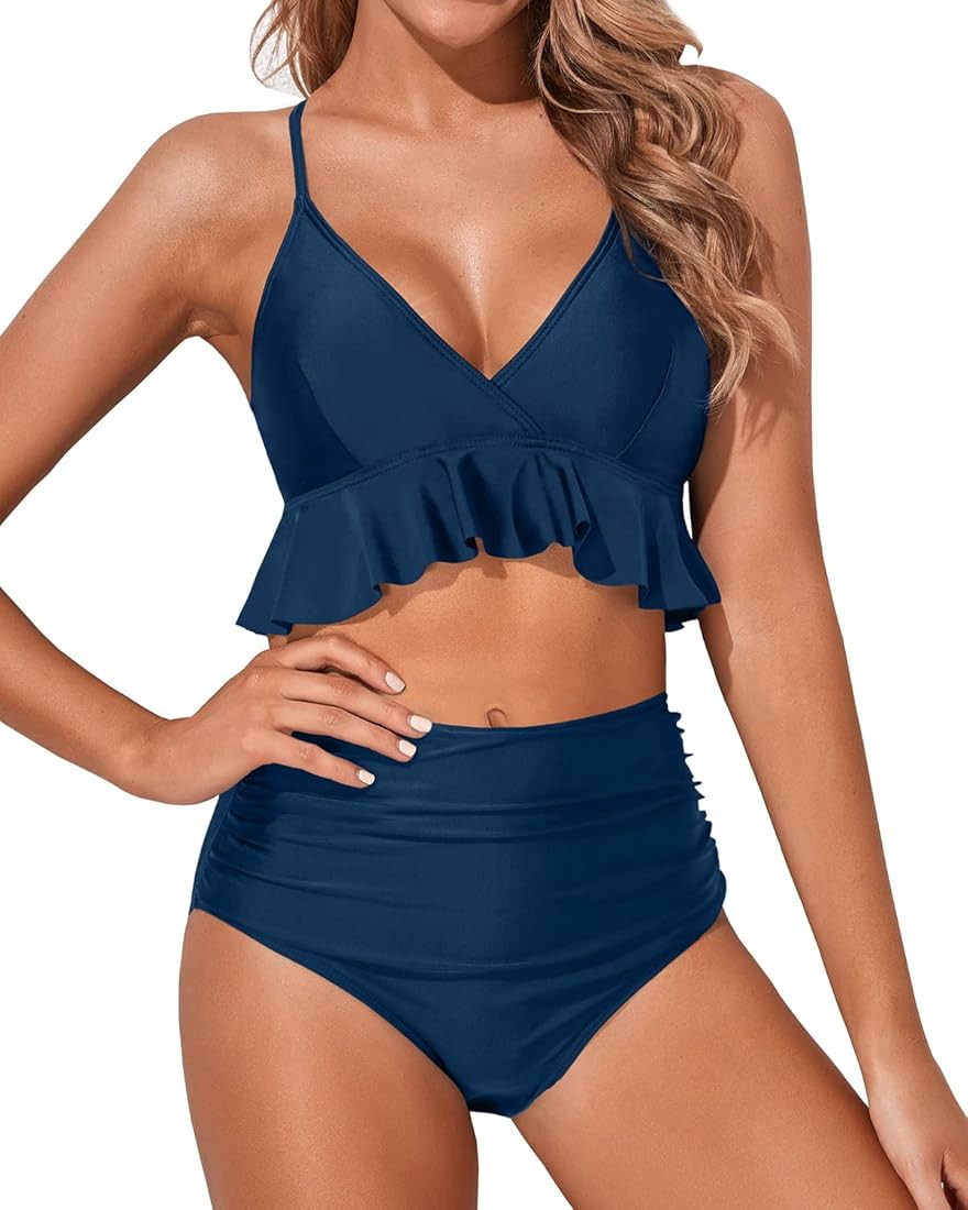 Tempt Me Women Two Piece Swimsuits High Waisted Bikini Set Ruffle Flounce Tummy Control Bottoms B... | Amazon (US)