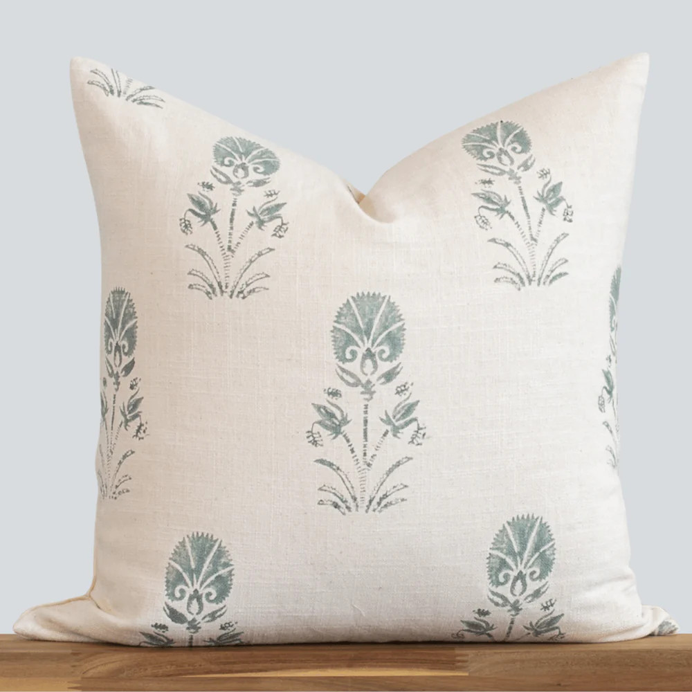 Devi Floral Block Printed Pillow Cover | Teal Green/Blue | Apartment No.3