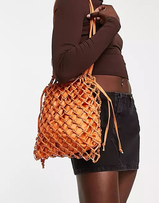 Topshop large satin pu string shoulder bag in orange | ASOS (Global)