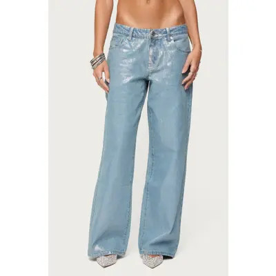 EDIKTED Jenney Shiny Wide Leg Jeans in Silver at Nordstrom, Size Medium | Nordstrom
