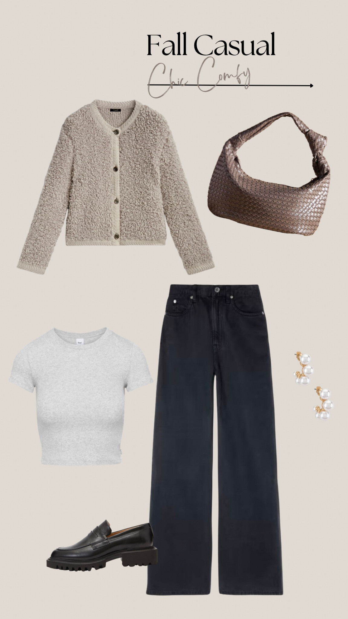 Fall Chic Casual 

Boucle cardigan, loose 90s jeans, loafers, comfy loafers, baby tee, 90s style, wide leg loose jeans, fall style, minimal style, fall trend, fall fashion
