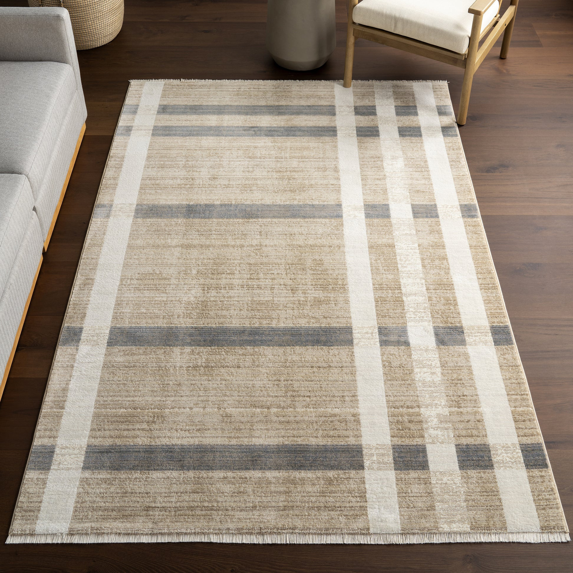Mckinley Vintage Plaid Fringed Rug | Light Beige | Rugs USA