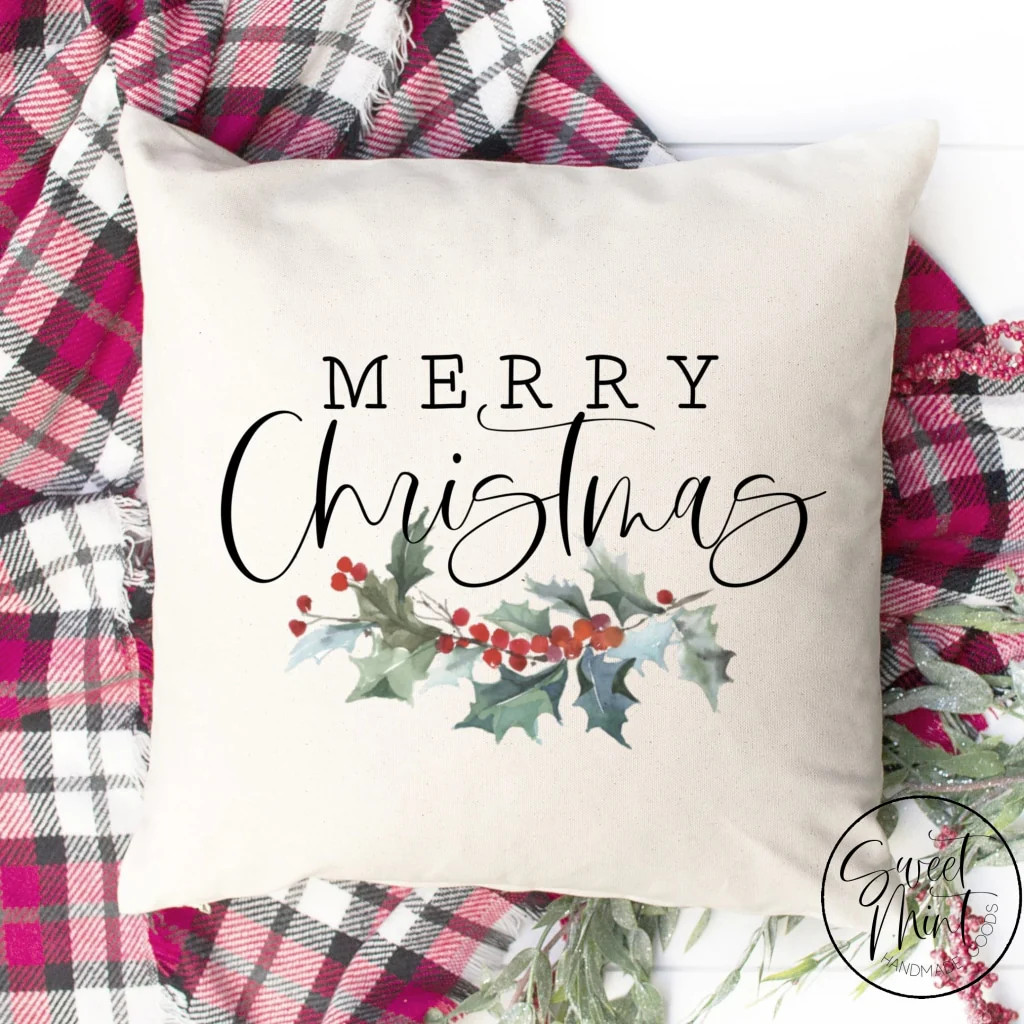 Merry Christmas Holly Pillow Cover - 16" x 16" | Sweet Mint Handmade Goods