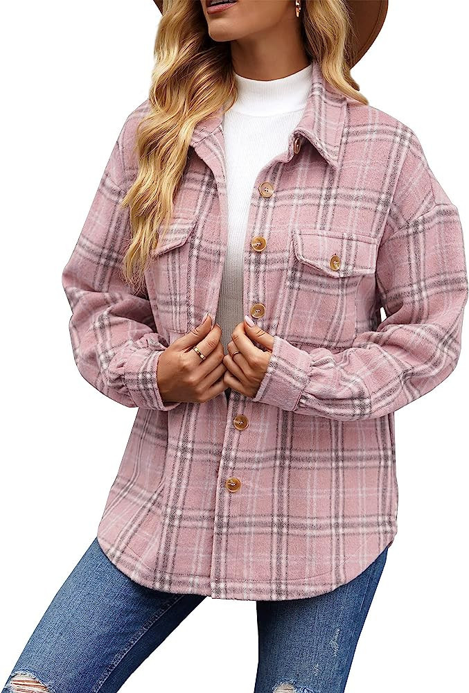 GRAPENT Womens Shacket Jacket Oversized Plaid Flannel Button Down Shirt Jackets Long Sleeve Coats | Amazon (US)