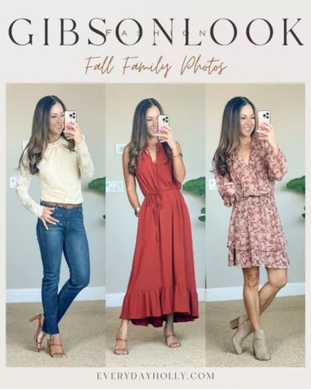 Fall Family photo Ideas from Gibsonlook save 10% code HOLLY10 For Reference: I’m 5’1”, 109lbs Wearing an xxs in lace bodysuit & dresses,I am typically and XS, but I always wear an xxs, in @gibsonlook so size down. Mid-rise cropped jeans size 24, size down one size. Heels are 3”, super comfy - run TTS Similar boot options linked Fall fashion • fall Transition • fall family photos • thanksgiving outfits • fall dress • date night top bodysuit

#LTKstyletip #LTKfamily #LTKHoliday
