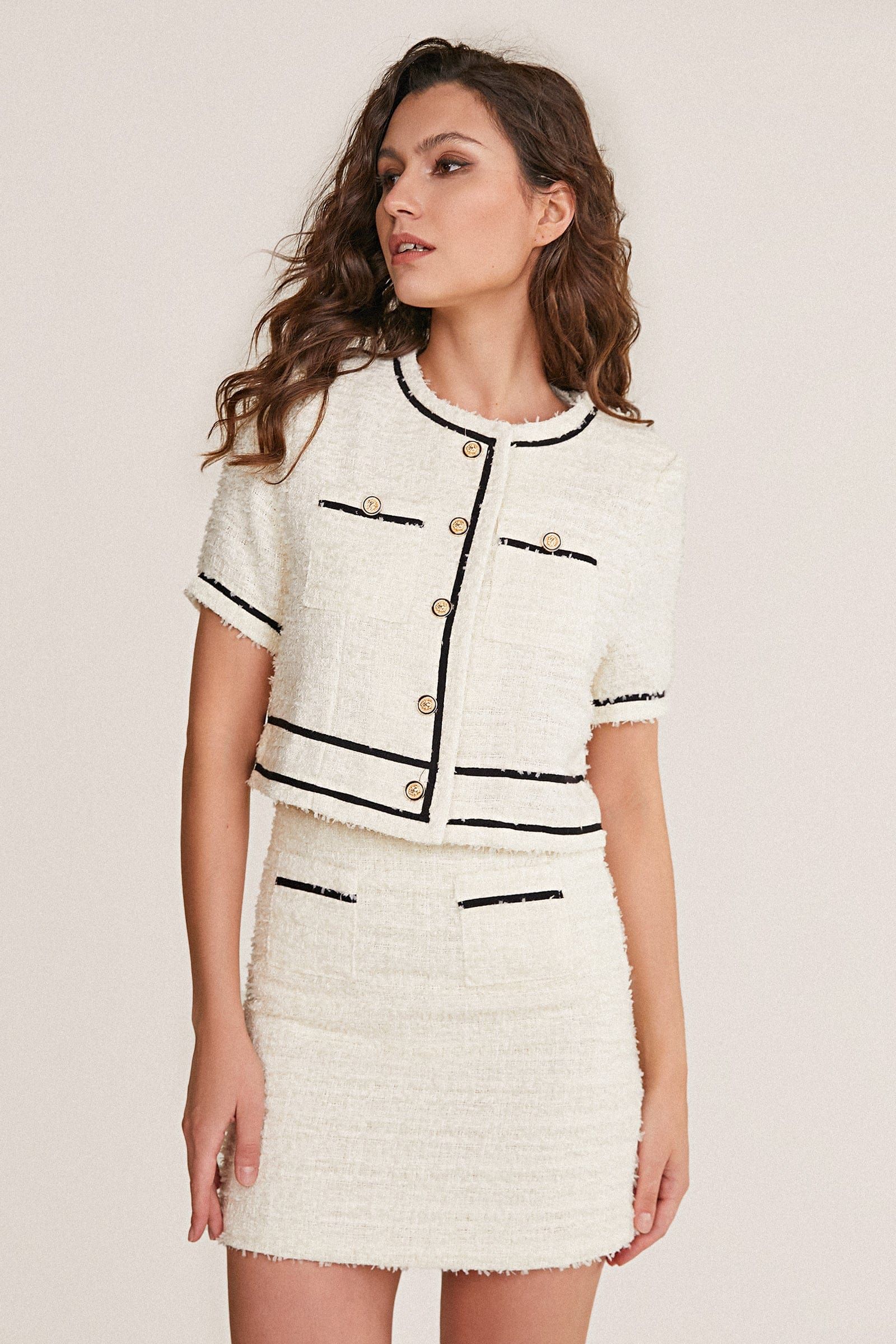 Ivory Tweed Frayed Contrast Trim Jacket & Mini Skirt Two-Piece Set | J.ING